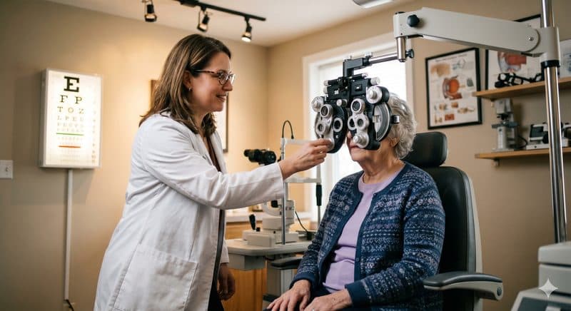 Elderly woman receiving a professional eye test at home