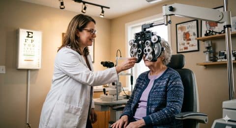 Elderly patient receiving a professional eye test at home
